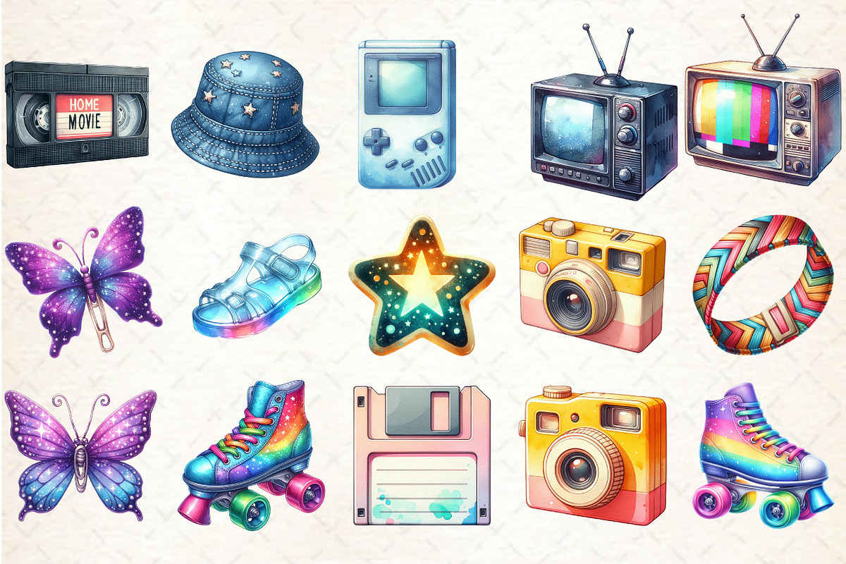 Watercolor Nostalgic 90s Clipart, an Illustration by Rose Art (Photo 2 of 7)