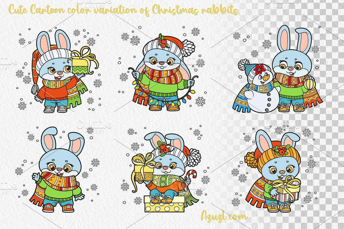 6 Cute cartoon Christmas rabbits, an Animal Illustration by Azuzlikus (Photo 3 of 4)