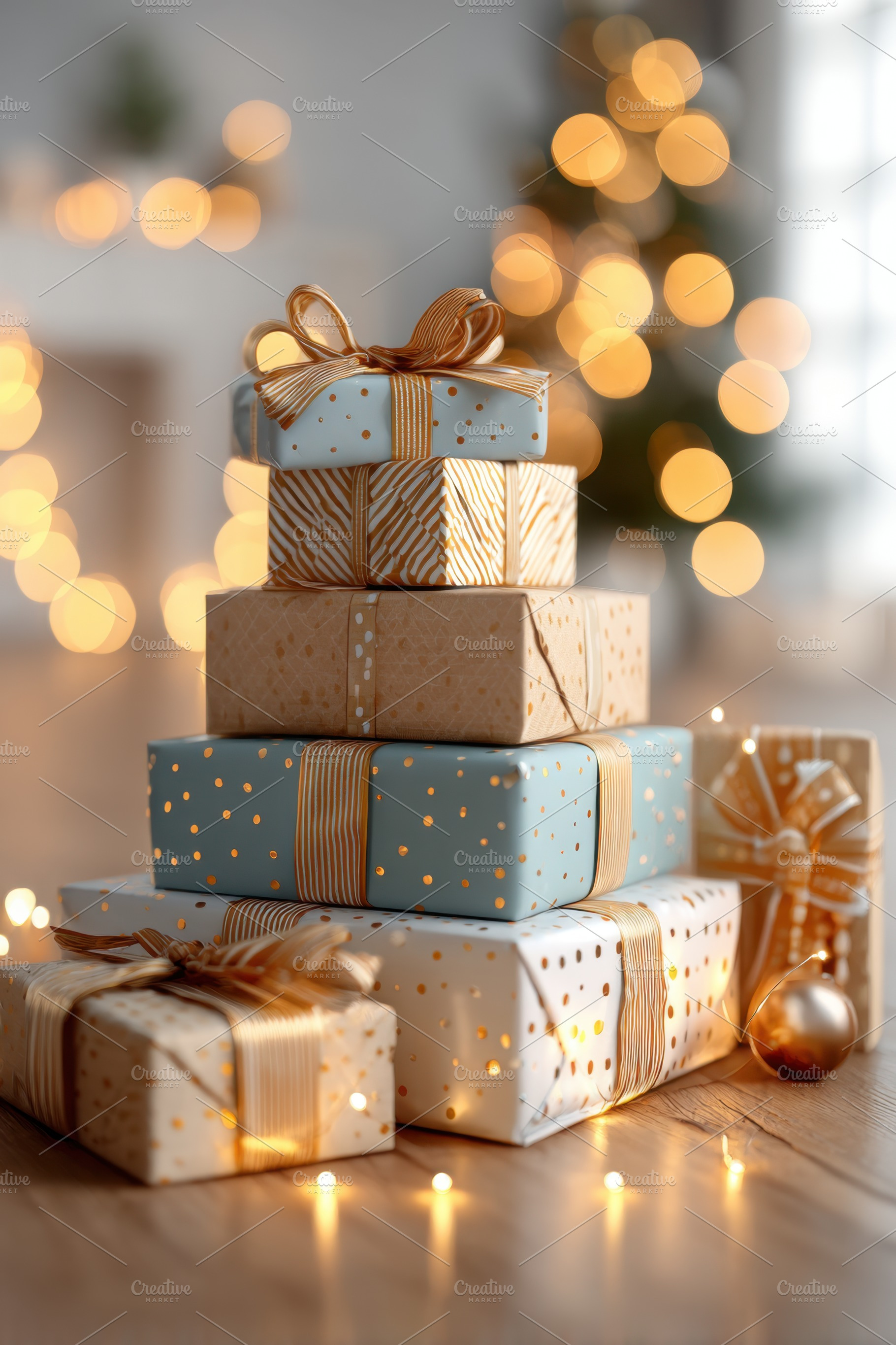 Festively wrapped gifts with fairy lights, a Holiday Photo by AlyaAnd