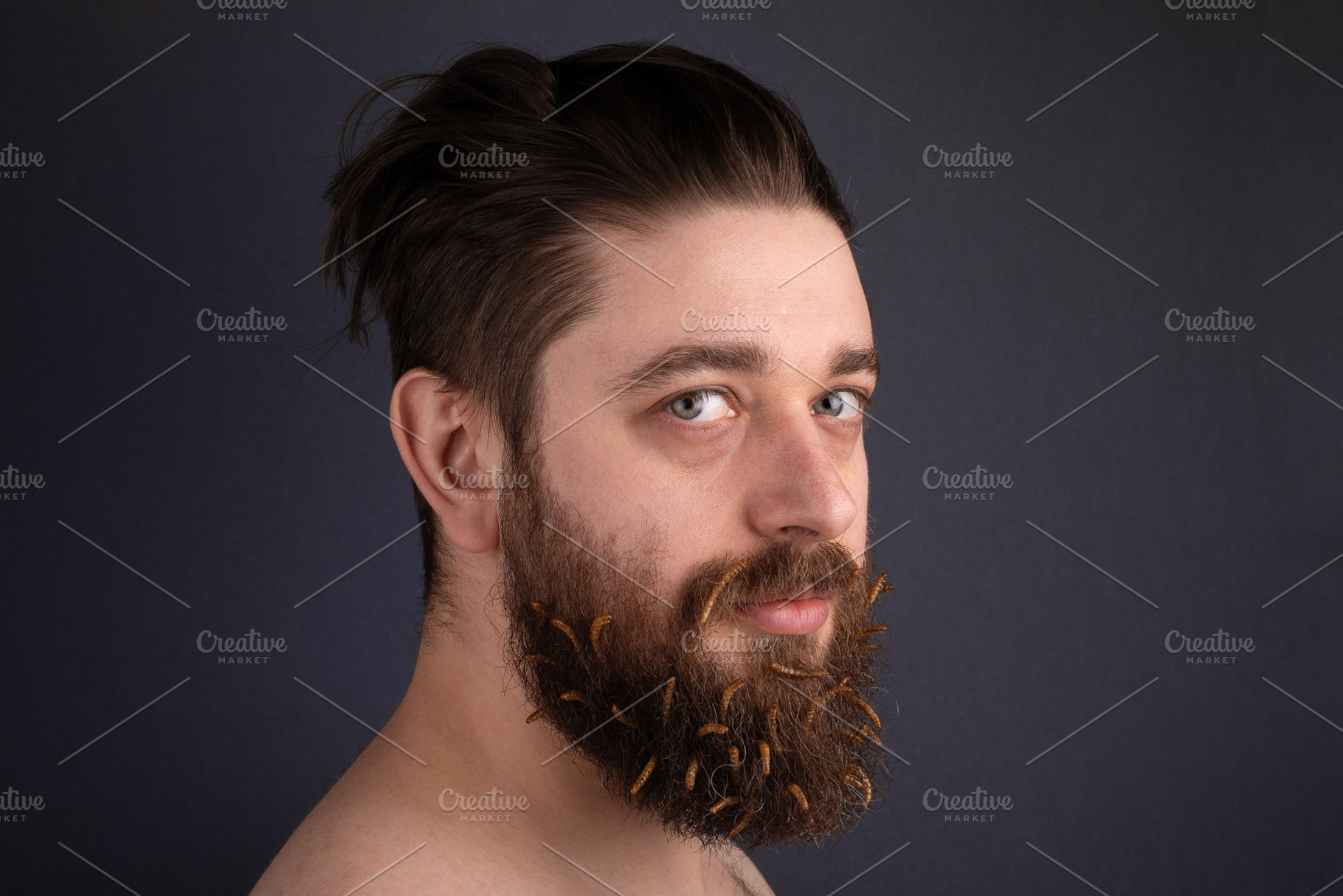 Portrait of a bearded man with dried flowers in his beard agains, a Person Photo by Ales Munt