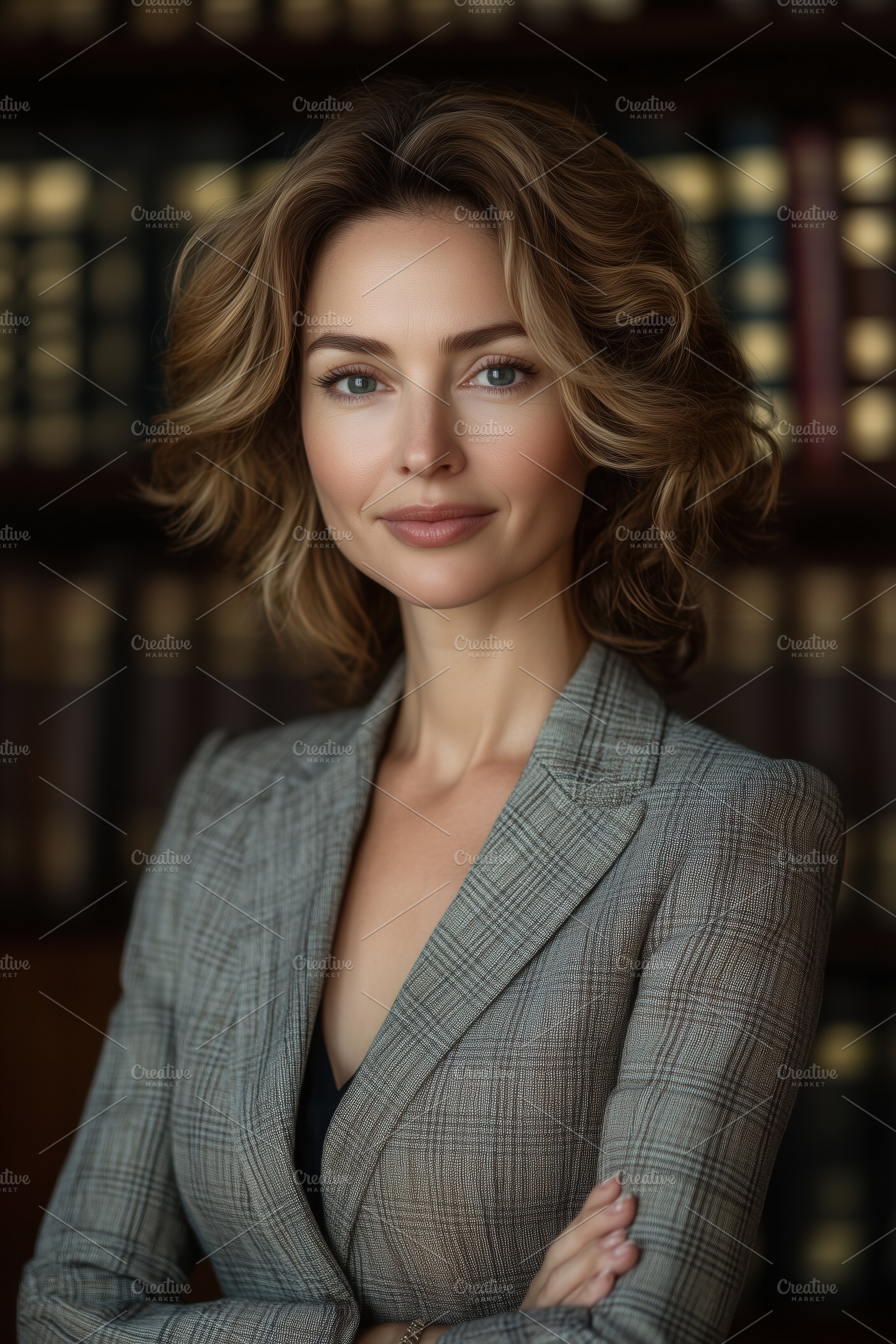 A confident woman international lawyer with wavy hair, wearing a stylish plaid, a Person Photo by Textures & Backgrounds