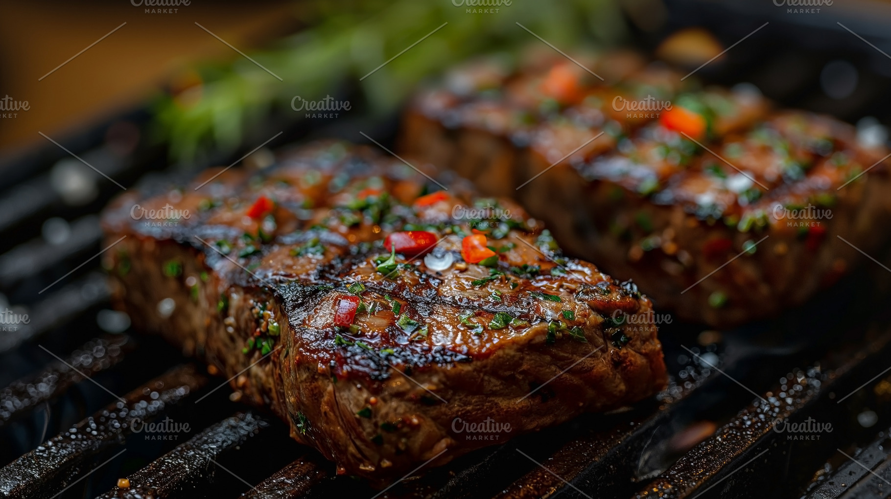 Grilled steak garnished with herbs and spices, showcasing a mout, a Food & Drink Photo by ImageMir