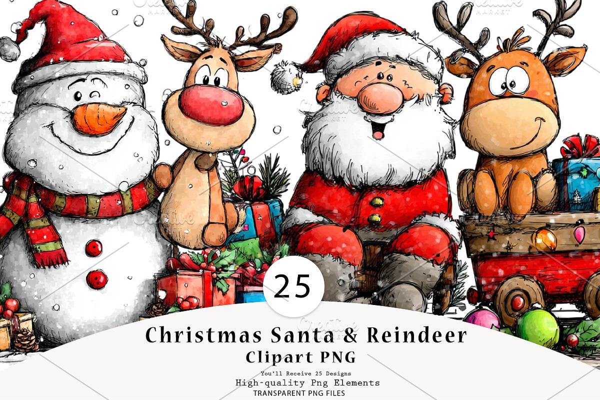 Christmas Santa & Reindeer Clipart, a Seasonal Illustration by CreationArt (Photo 1 of 5)