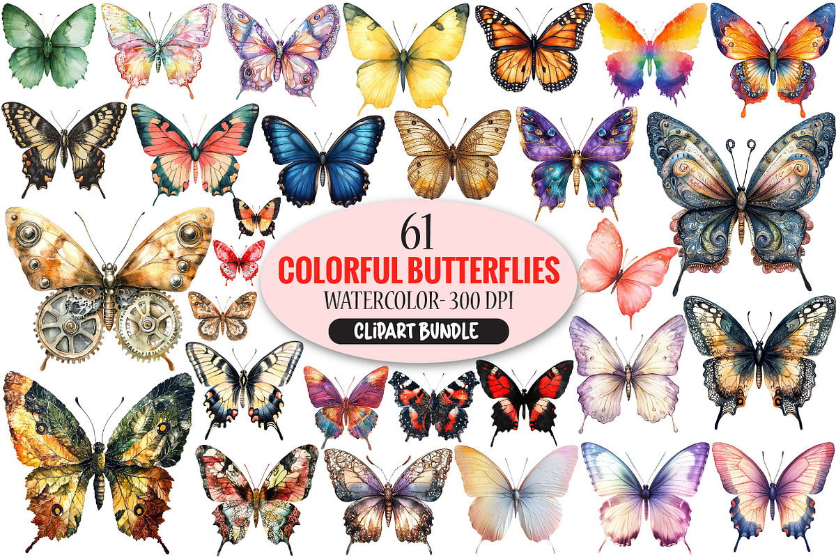Colorful Butterflies Watercolor Set, an Illustration by Pixels.Craft (Photo 1 of 11)