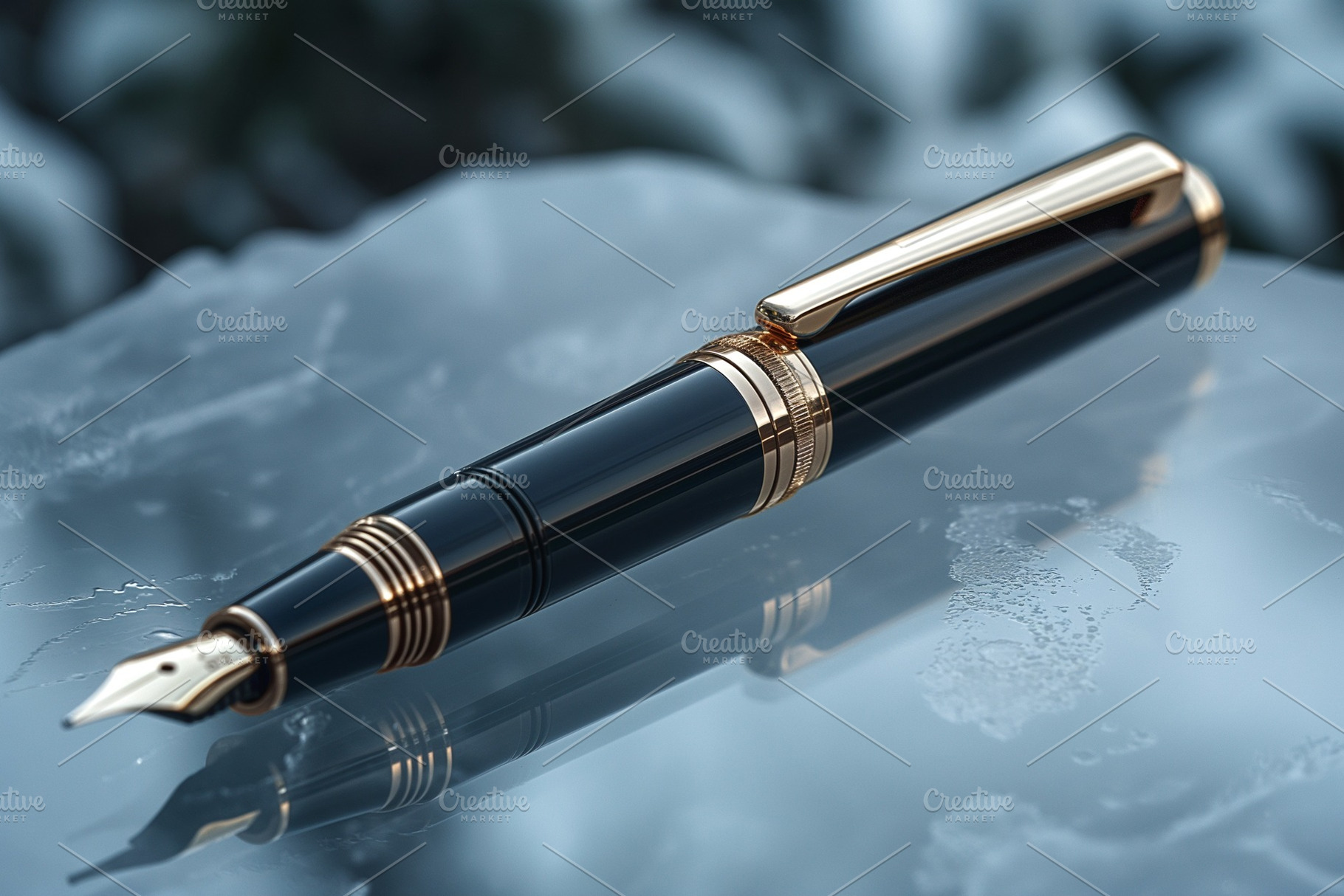 Elegant black fountain pen with gold accents resting on ice, exuding sophistica, a Business Photo by ImageMir