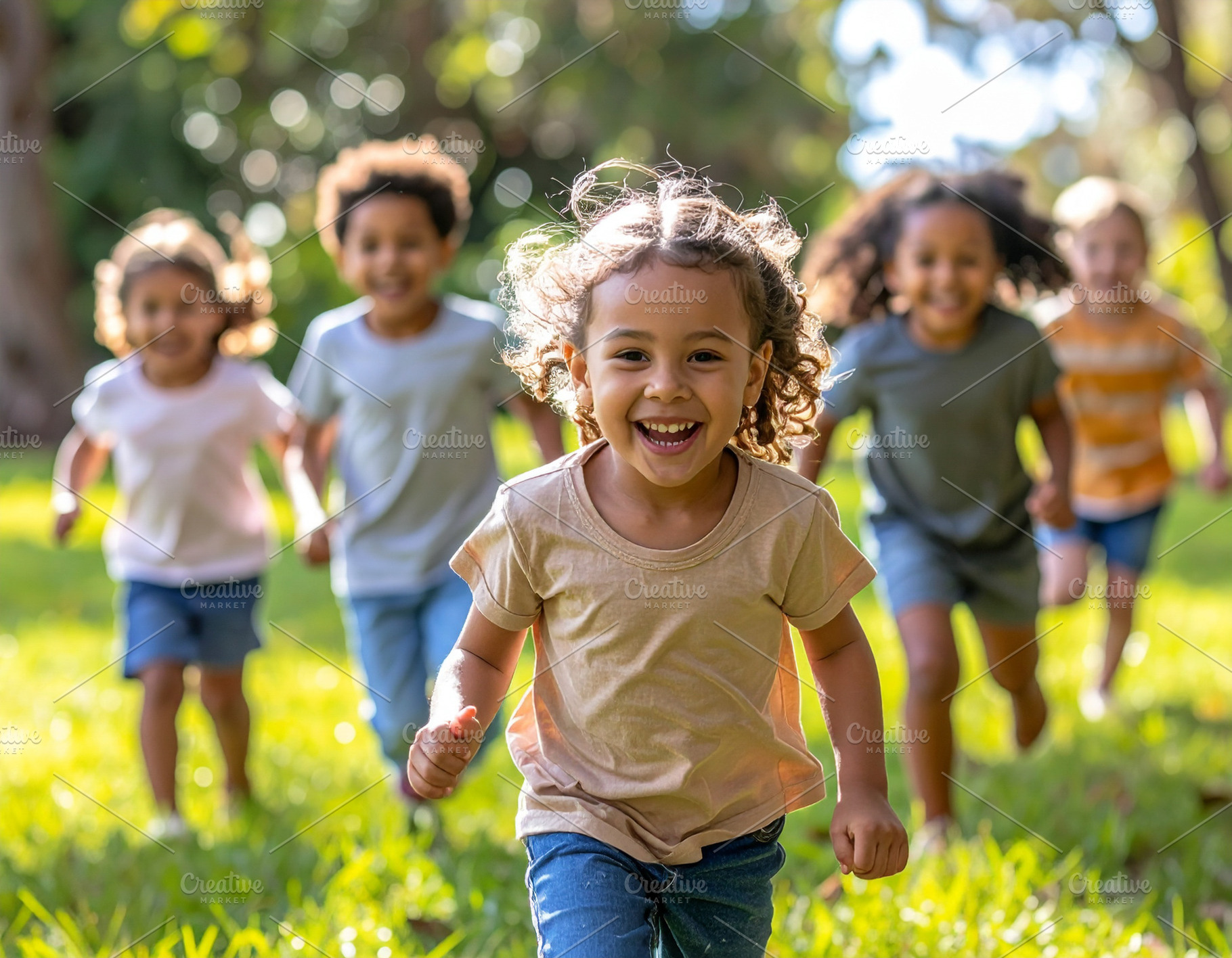 Diverse children playing together in a park during a sunny day, a Person Photo by DanFLCreativo