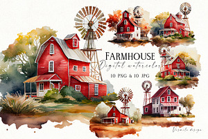 Farmhouse Watercolor Clipart