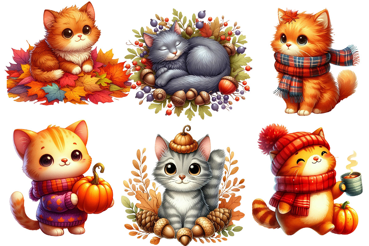 Watercolor Autumn Cat Clipart, an Animal Illustration by cherrydesign (Photo 2 of 4)