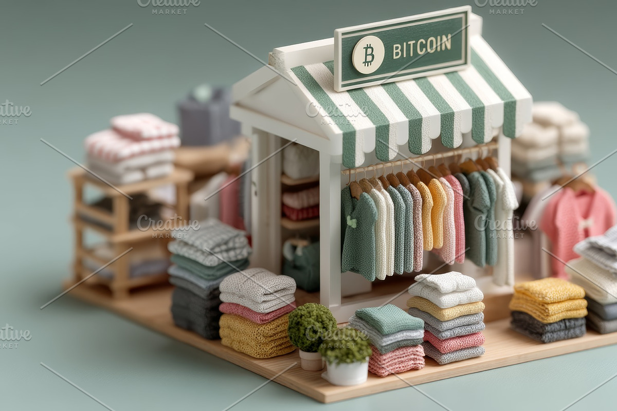 Miniature boutique showcasing knitted garments with Bitcoin payment theme, an Illustration by AS photostudio