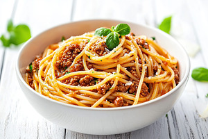 Spaghetti bolognese with ground beef in plate, a Food & Drink Photo by AlyaAnd