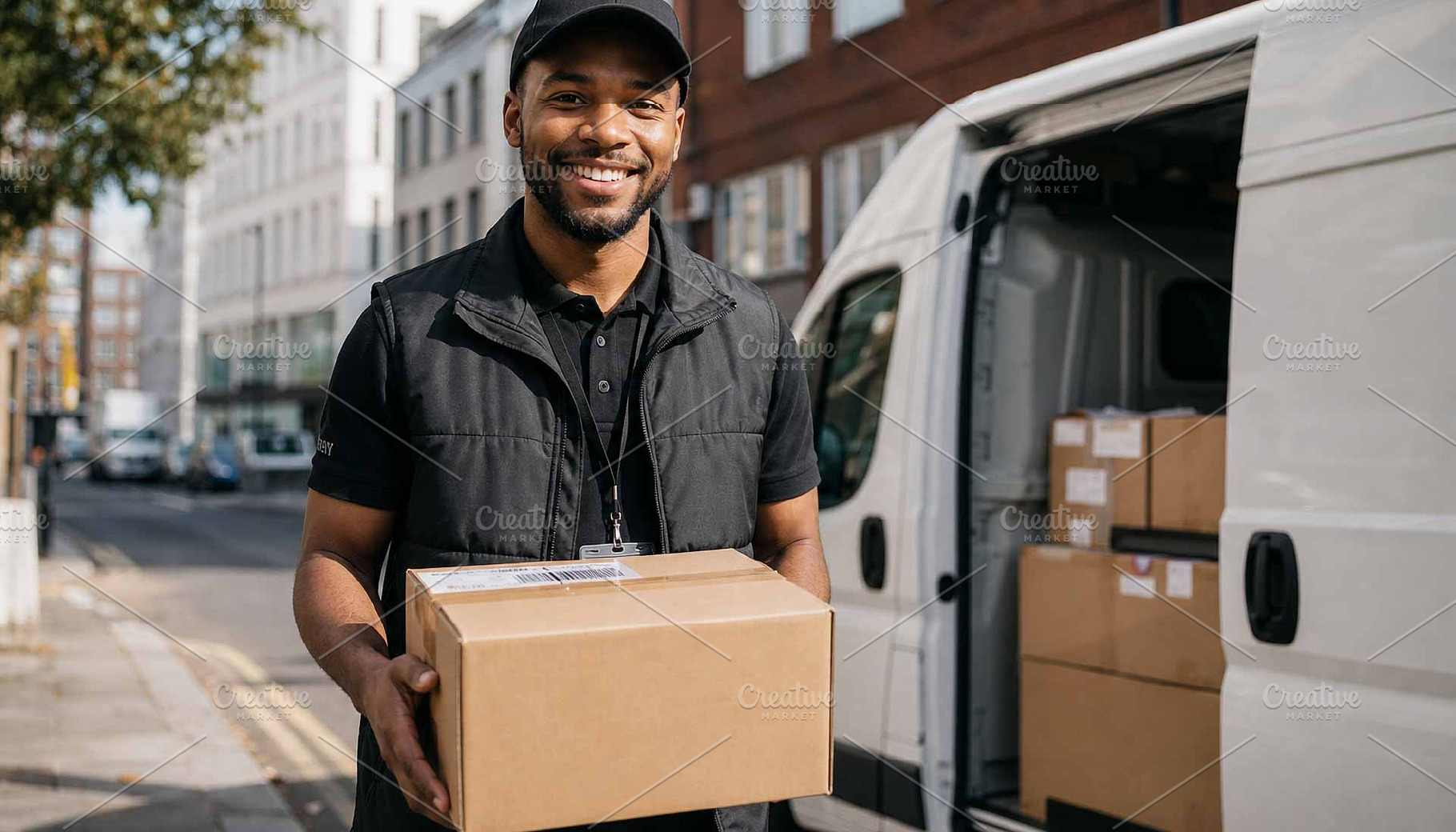Courier carrying a cardboard box, a Person Photo by Pray Art Design Studio