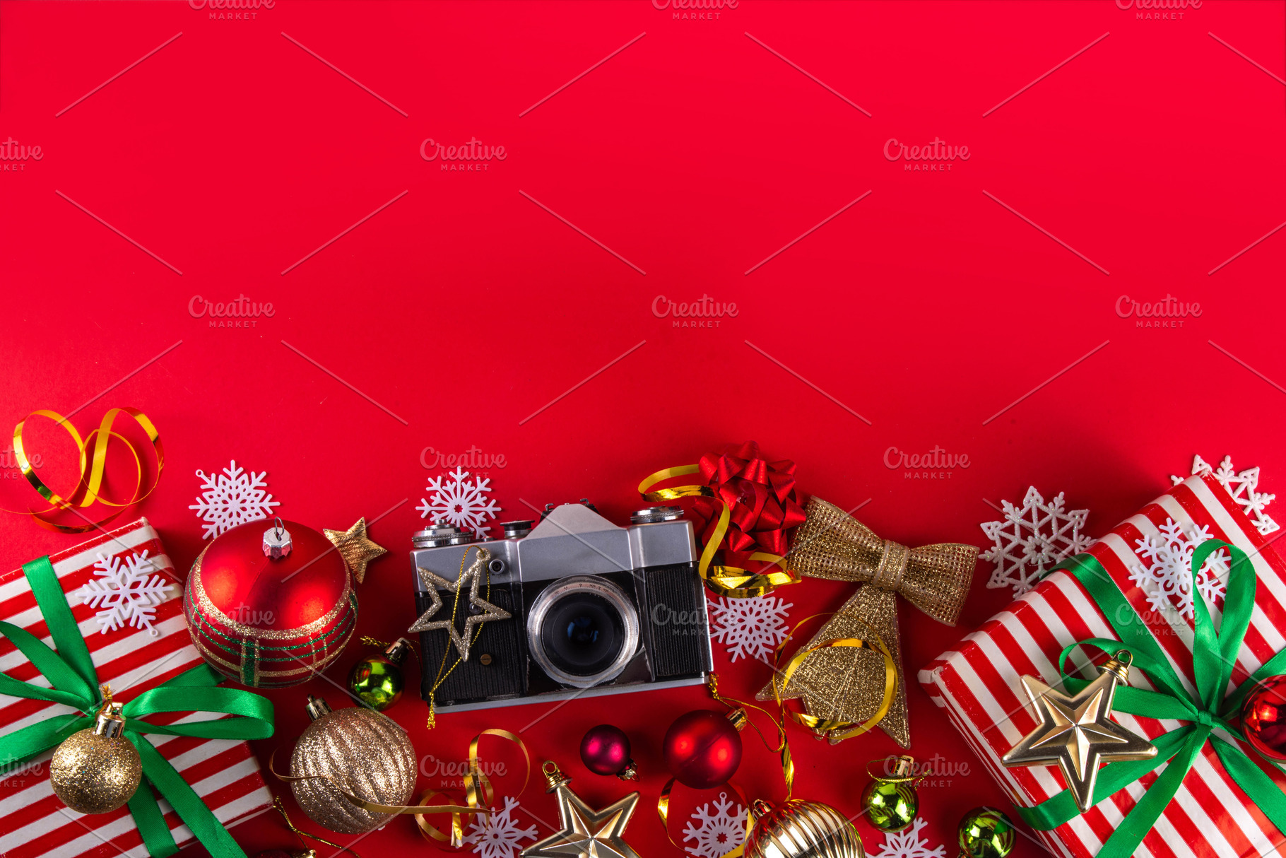 High-colored background with Christmas gifts, festive baubles, r, a Holiday Photo by Rimma