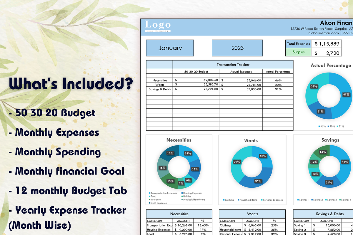 50/30/20 Monthly Budget Spreadsheet, a Templates & Theme by Designbudy (Photo 4 of 9)