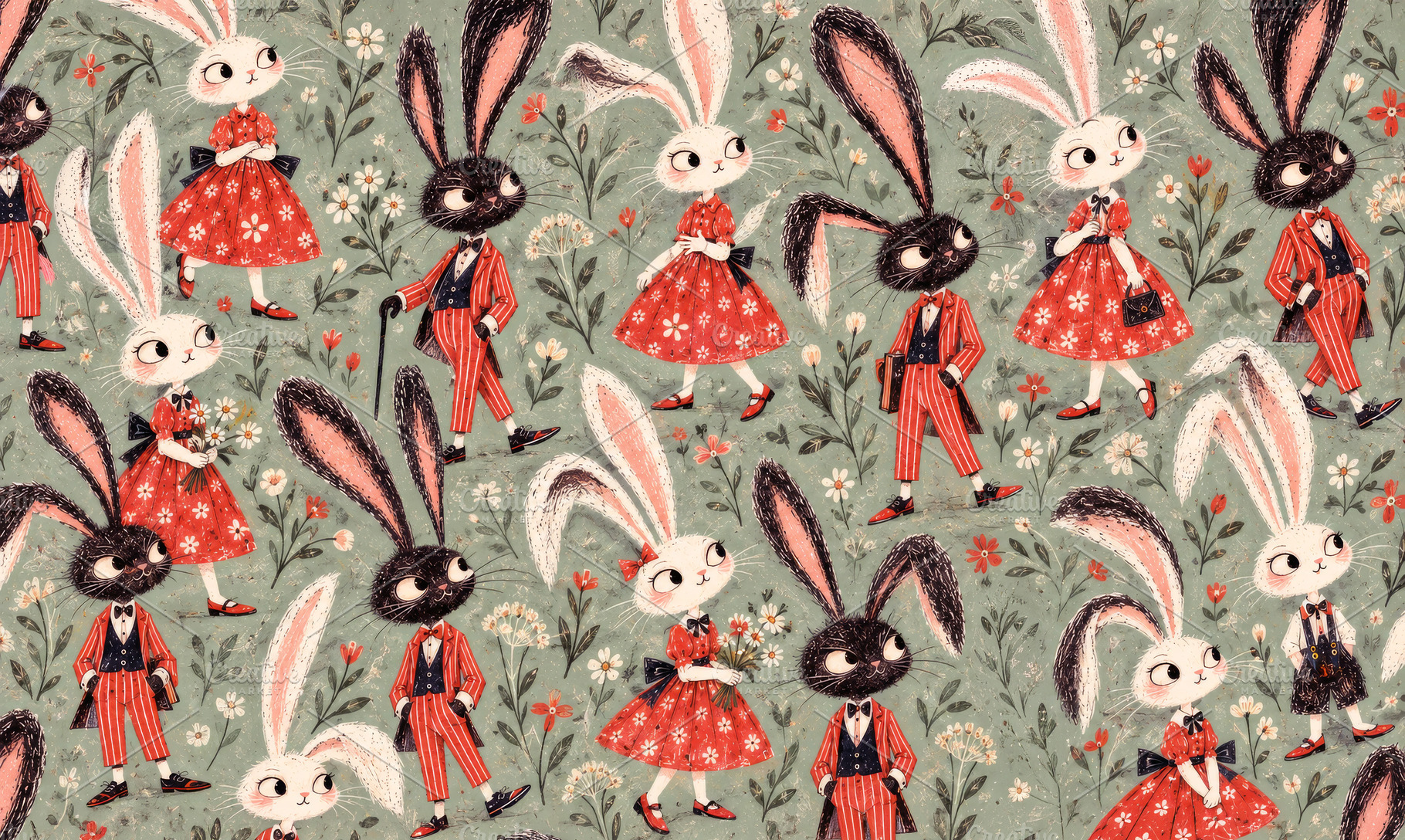 Whimsical seamless pattern of black and white rabbits in red vin, an Arts & Entertainment Photo by Imaginarium