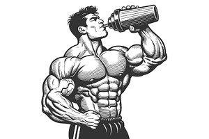 Muscular man drinking protein shake, a Sport Illustration by AlexArt