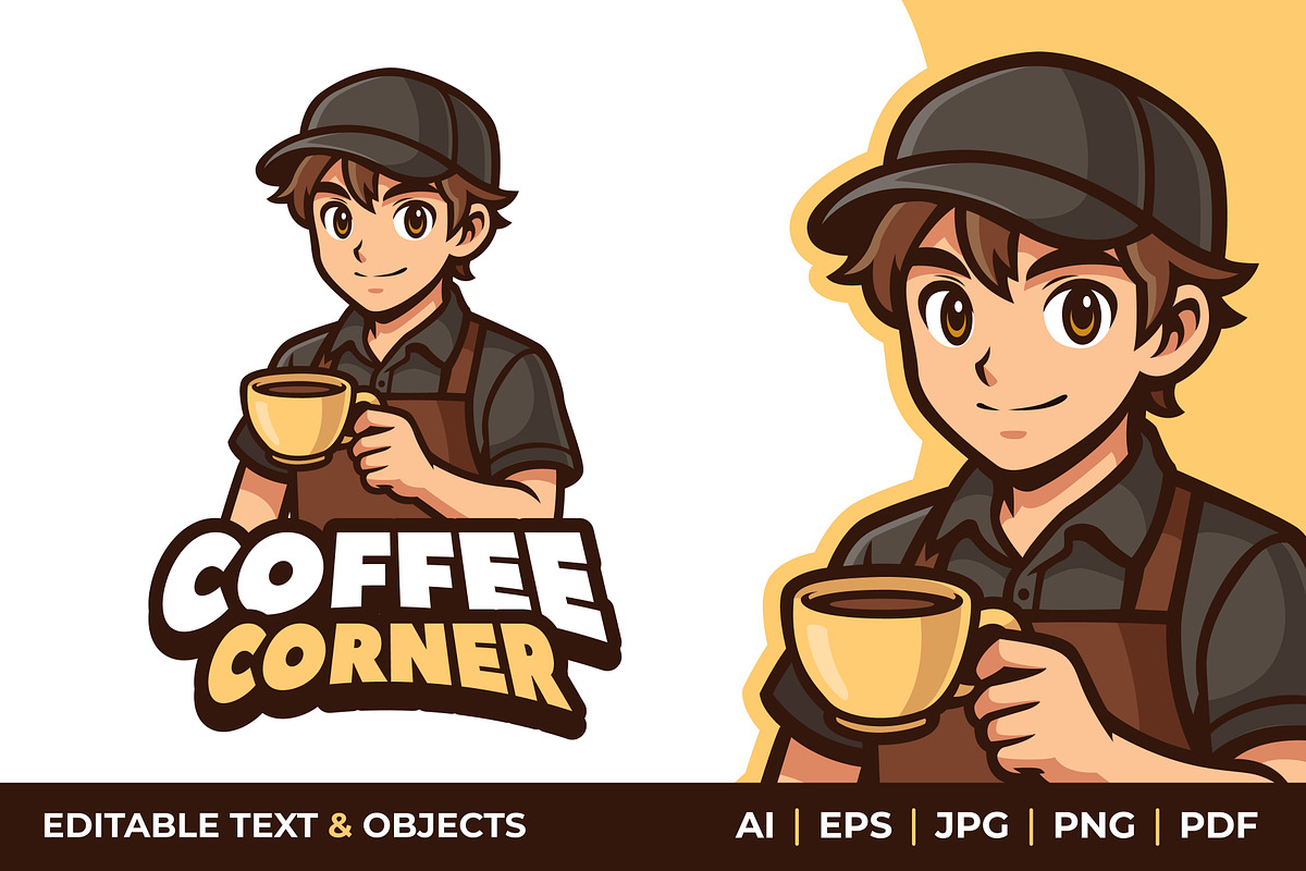Barista Boy Coffee Shop Mascot Logo, a Branding & Logo Template by Akito Studio