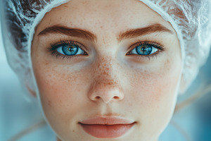 A close-up portrait of a young woman esthetic technologist with striking blue e, a Person Photo by Textures & Backgrounds