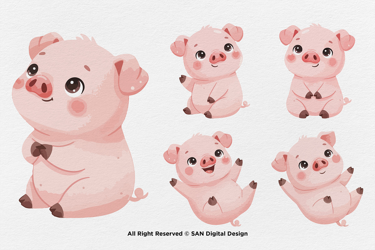 15 Bundle Watercolor Baby Pig Pink, an Animal Illustration by Morspective (Photo 7 of 8)