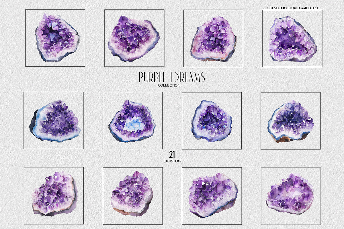 Purple Dreams Watercolor Geode Set, an Object Illustration by Liquid Amethyst Art (Photo 3 of 6)
