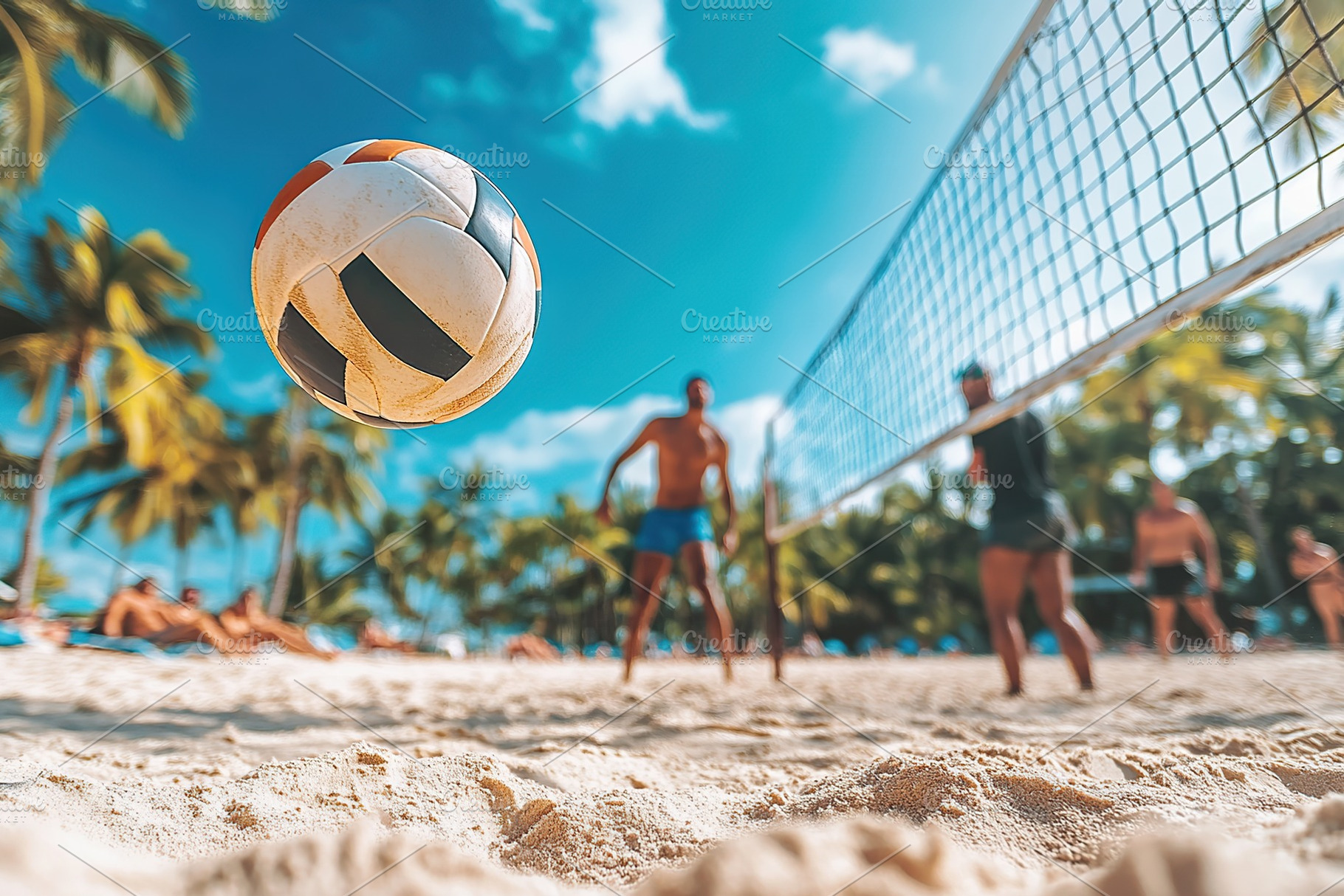 Exciting day of beach volleyball on a sunny sandy shore with players and palm t, a Sports & Recreation Photo by AlyaAnd