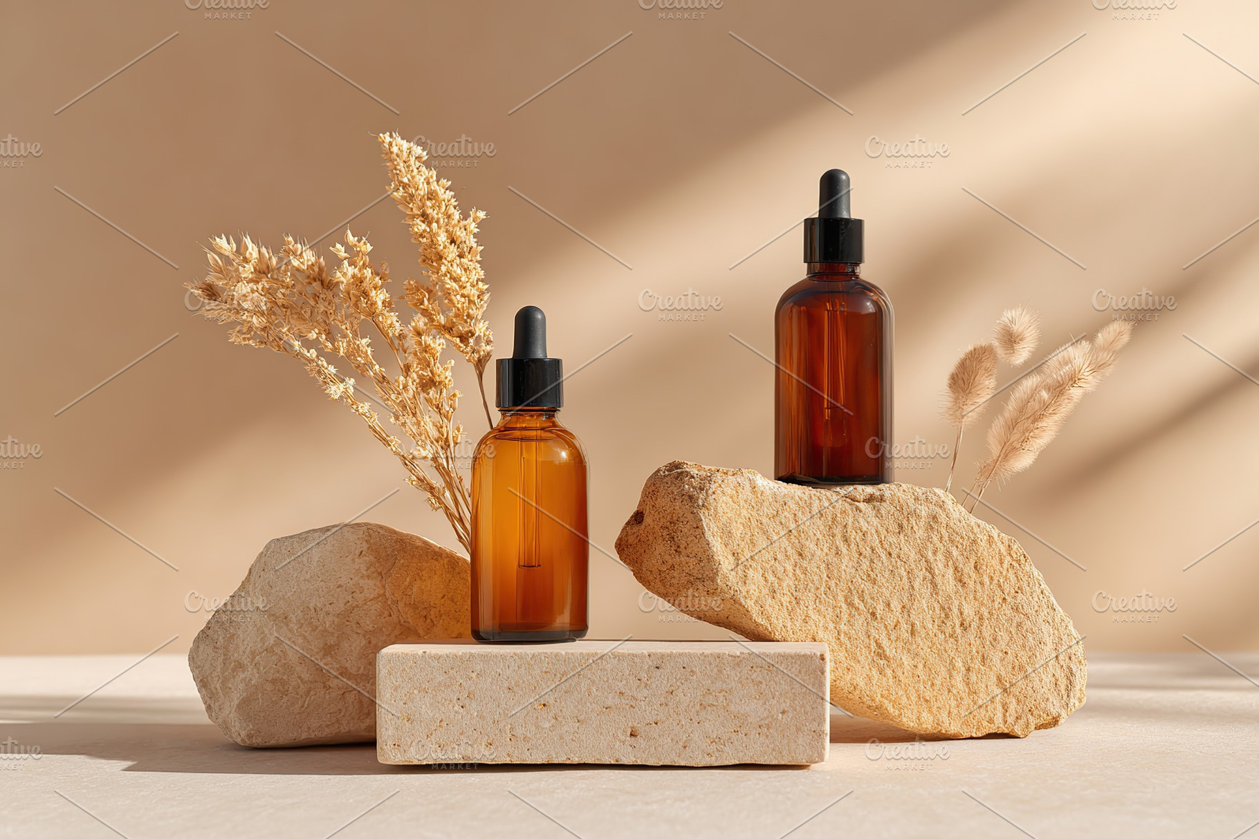 Skincare bottles elegantly displayed on a stone platform with dried flowers in, a Health & Medical Photo by AlyaAnd