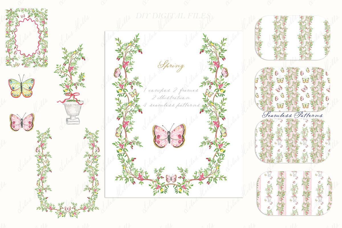 Spring Garden Toile Pink Butterfly, a Graphic by LABFcreations (Photo 3 of 4)