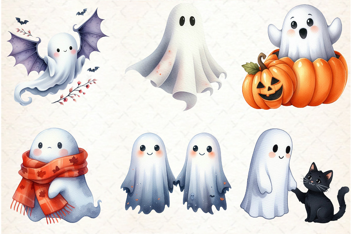 Watercolor Cute Ghost Clipart, an Illustration by Libby Wishes (Photo 3 of 6)