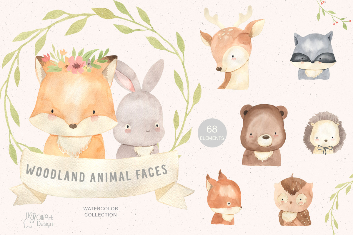 WOODLAND ANIMAL FACES. Watercolor, an Animal Illustration by OlliArtDesign (Photo 9 of 10)