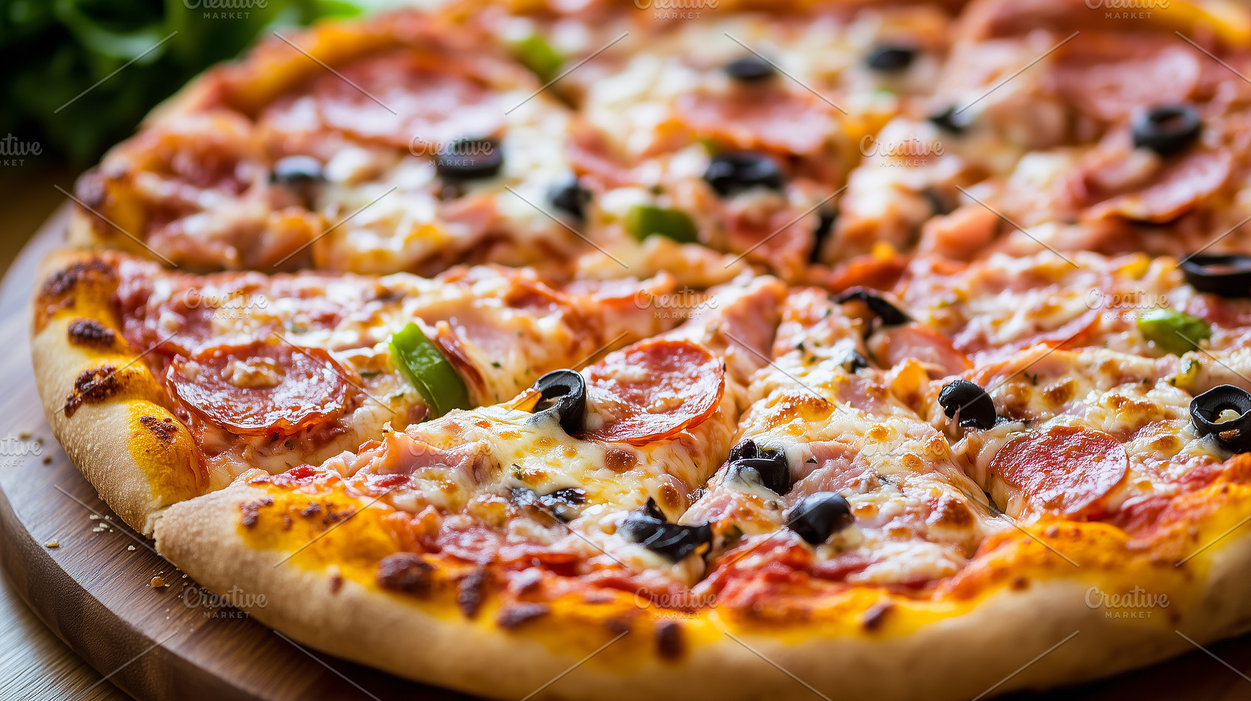 Pizza with melted cheese, ham, olive, a Food & Drink Photo by MistyDay