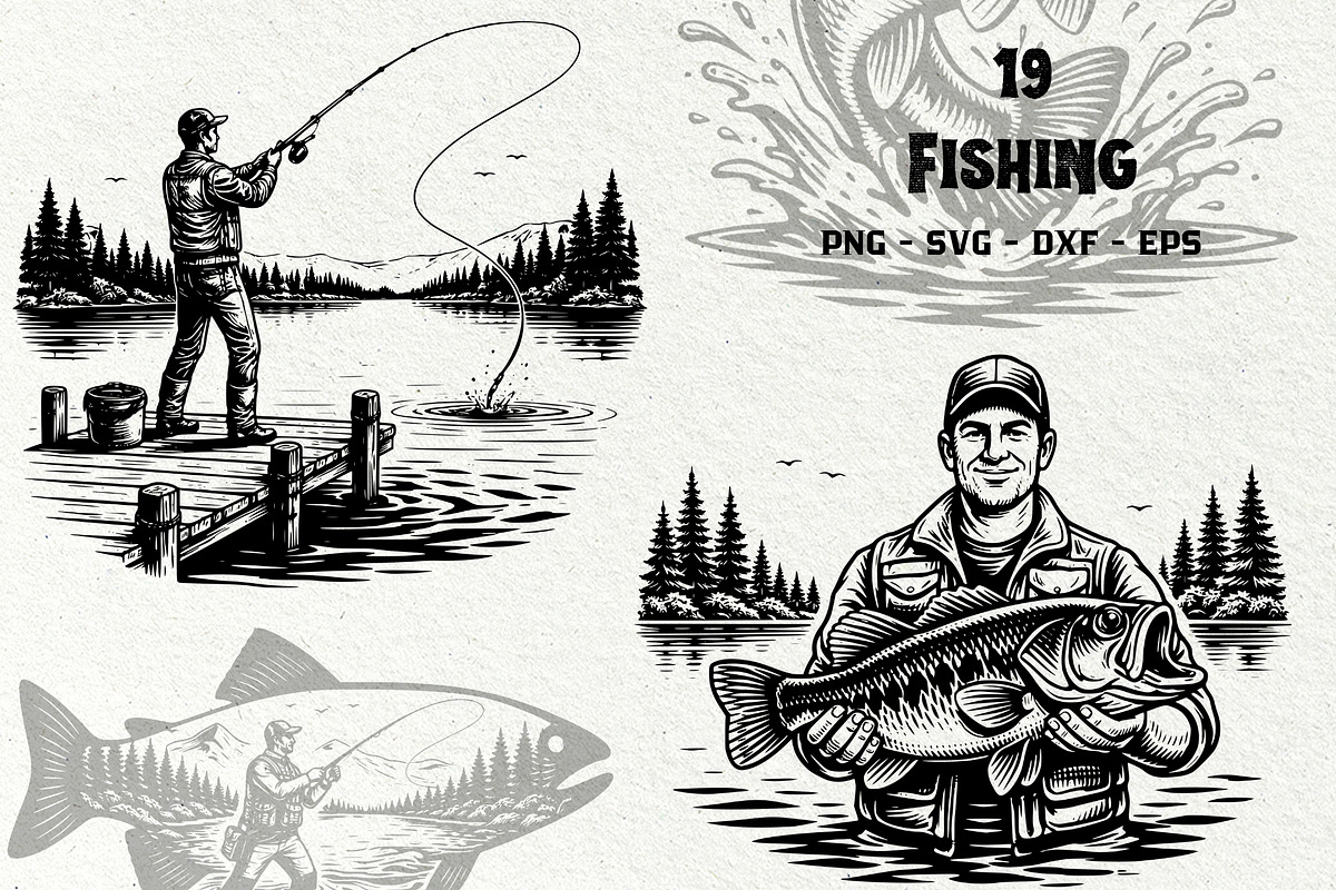 Vintage Fishing Engraving Graphics, a Sport Illustration by DENIDigitalArtSudio (Photo 1 of 8)