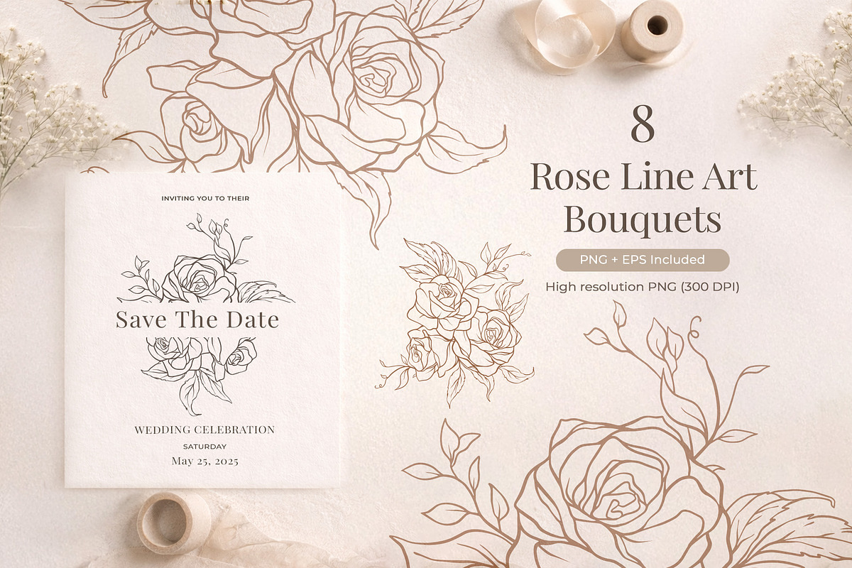 Elegant Rose Line Art Elements, a Decorative Illustration by Papatongartist (Photo 5 of 11)