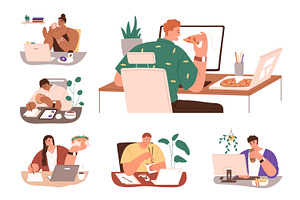 People eat food at table at work set, a Food Illustration by Good Studio