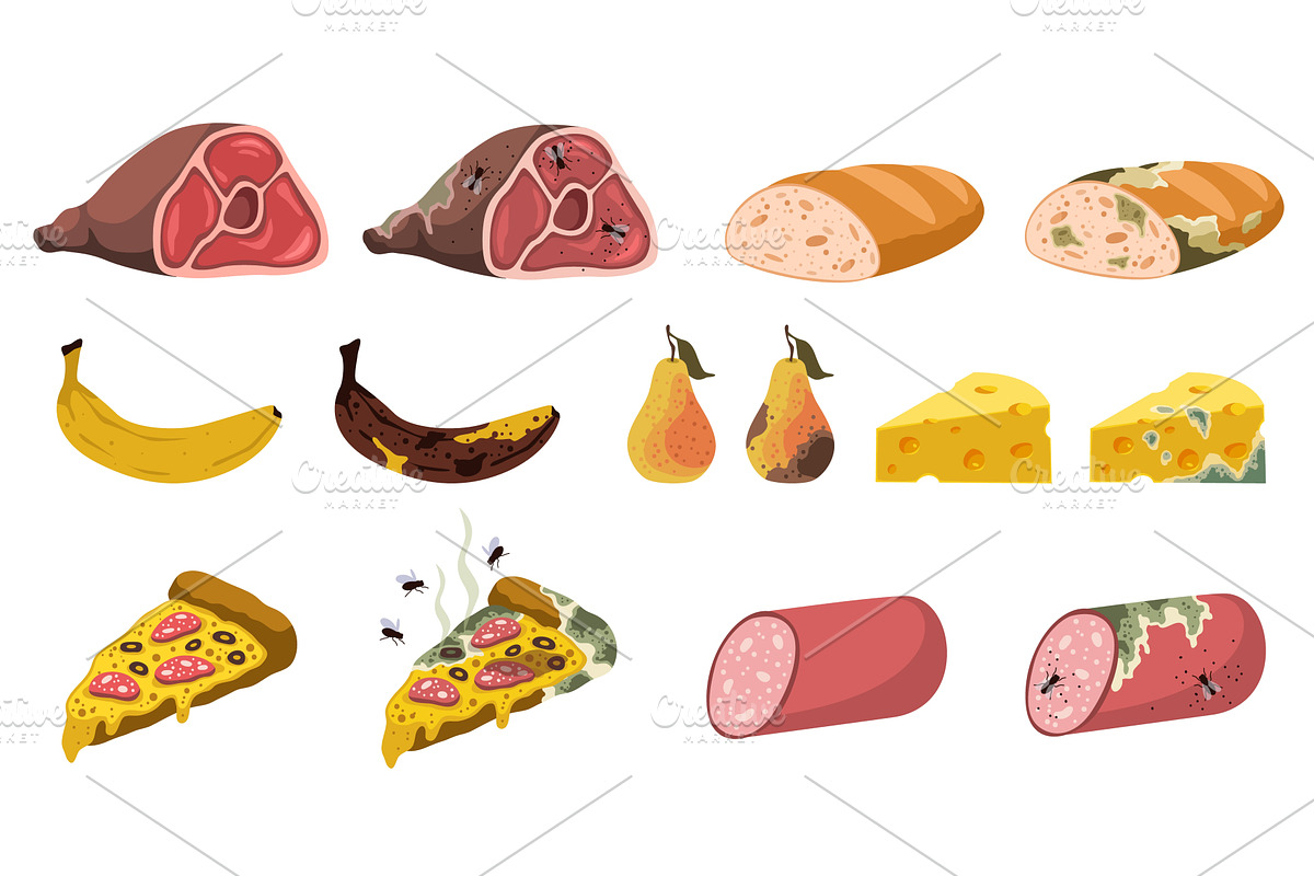 Set fresh and spoiled products, a Food Illustration by YummyBuum