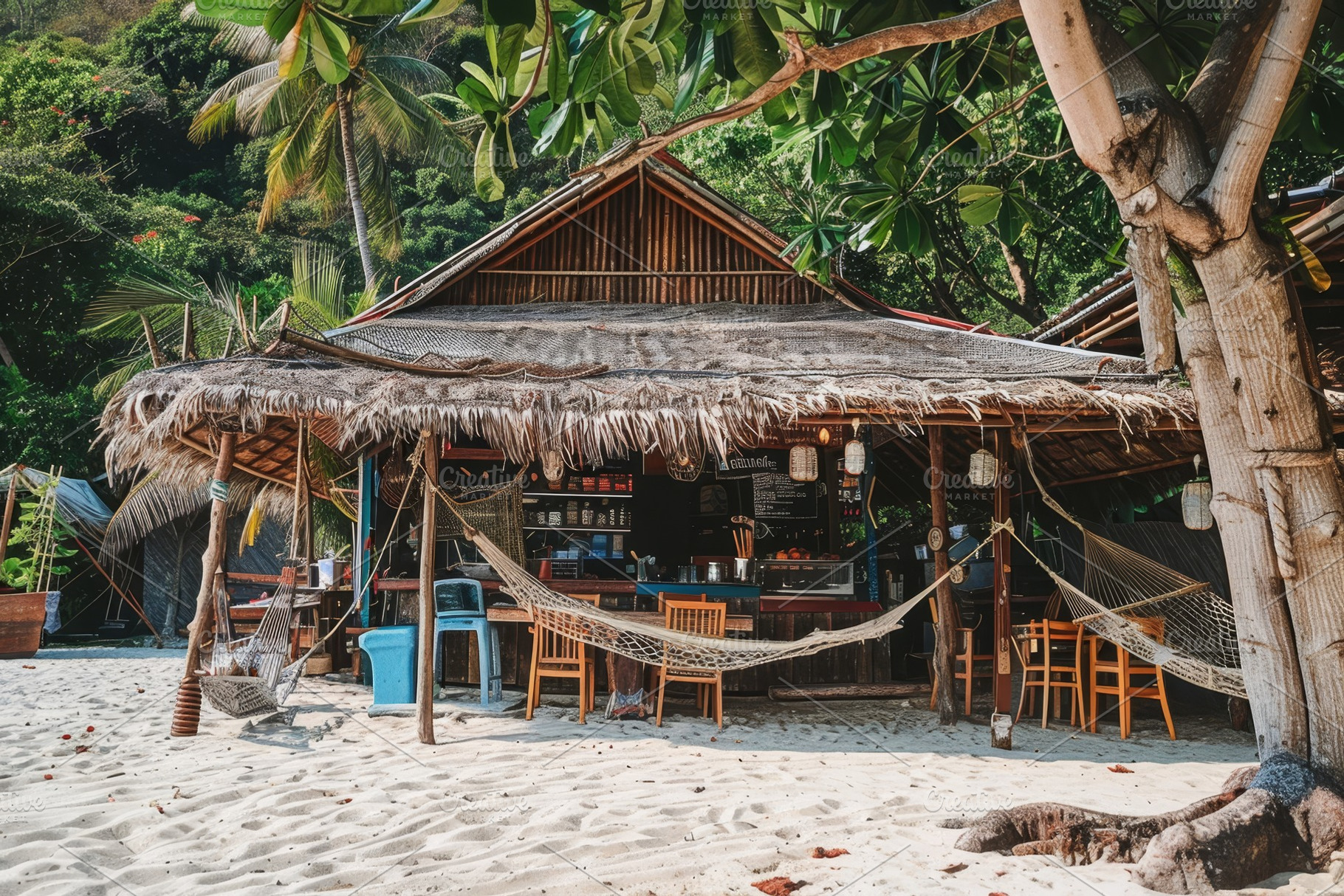 A straw-roofed hut on the beach with, a Photo by Iftikhar Alam