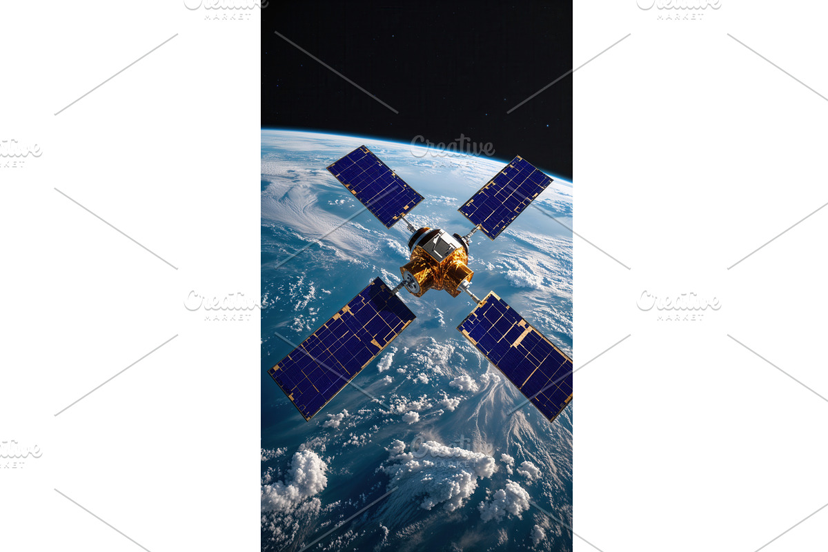 Satellite with solar panels orbiting, an Illustration by tilialucida