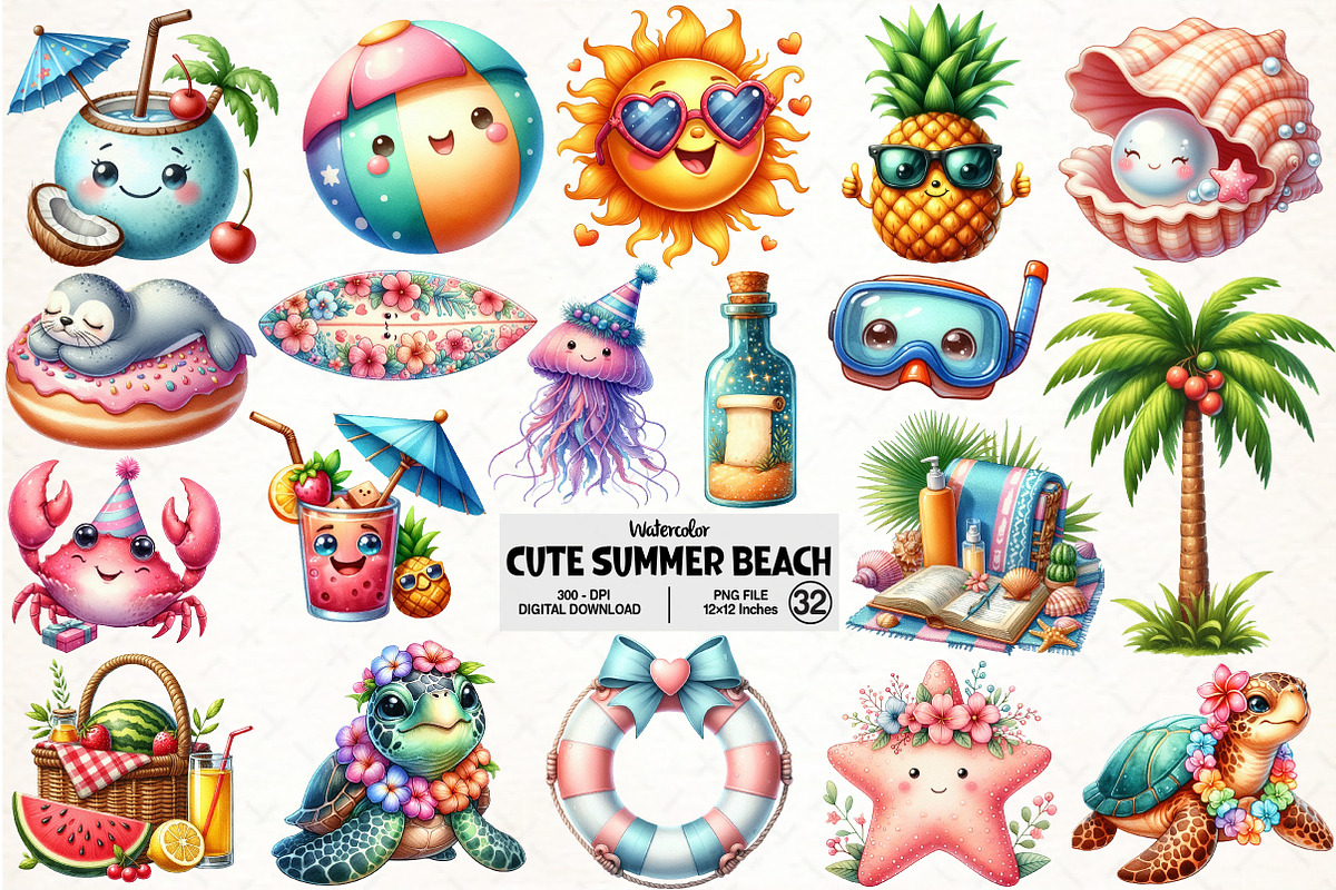Cute Summer Beach Clipart, an Illustration by Pixels.Craft (Photo 1 of 7)