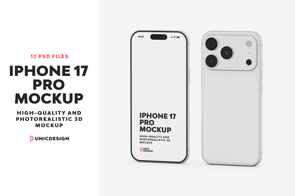 iPhone 17 Pro Mockup, an iPhone Mockup by UnicDesign (Photo 1 of 13)
