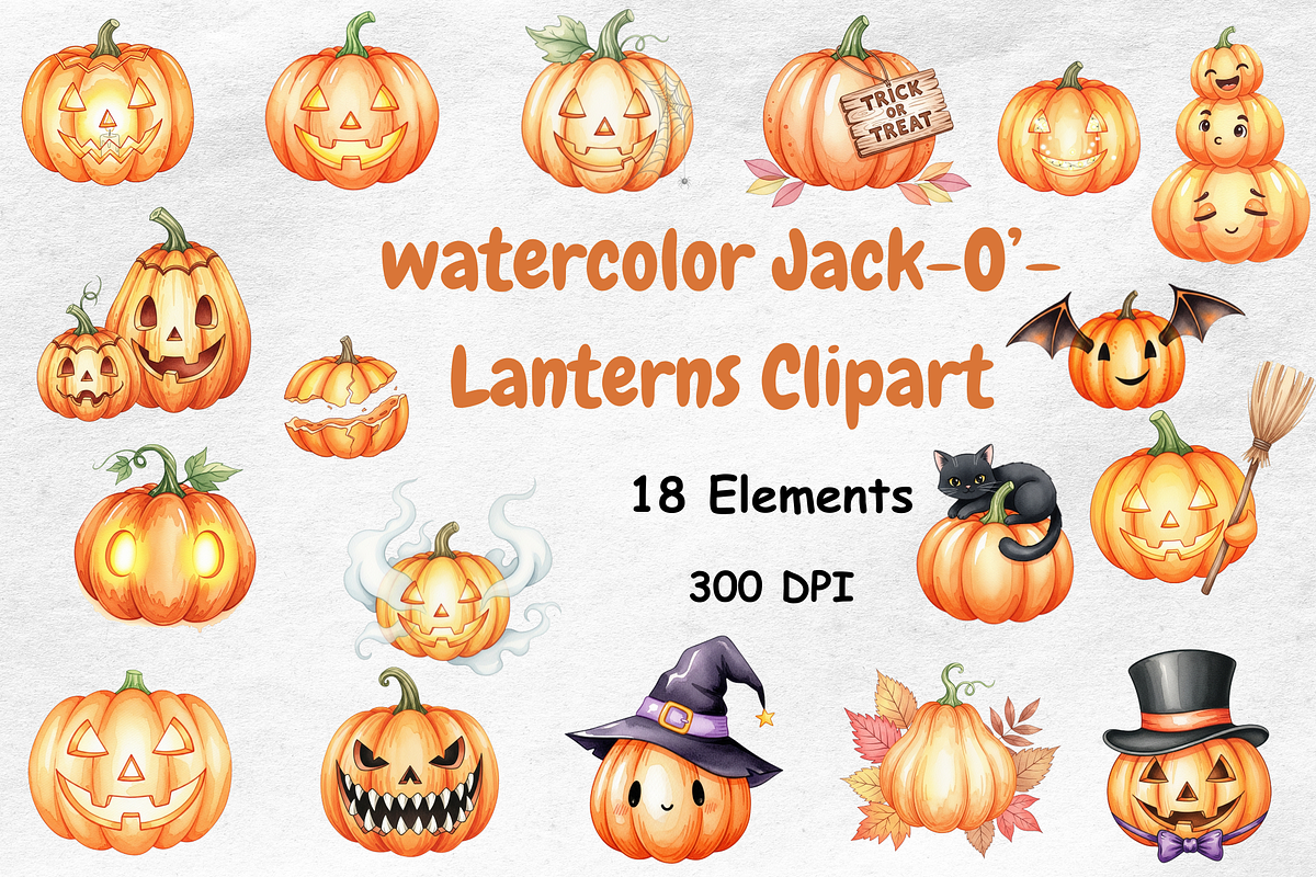 Watercolor Jack-O’-Lanterns Clipart, a Seasonal Illustration by BerryPieArt (Photo 1 of 4)