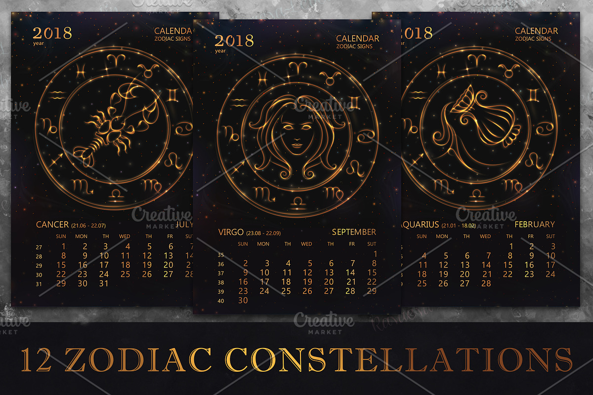 SET / 2018 CALENDAR / golden ZODIACS, a Texture Illustration by Nadin_Lebedeva (Photo 4 of 11)