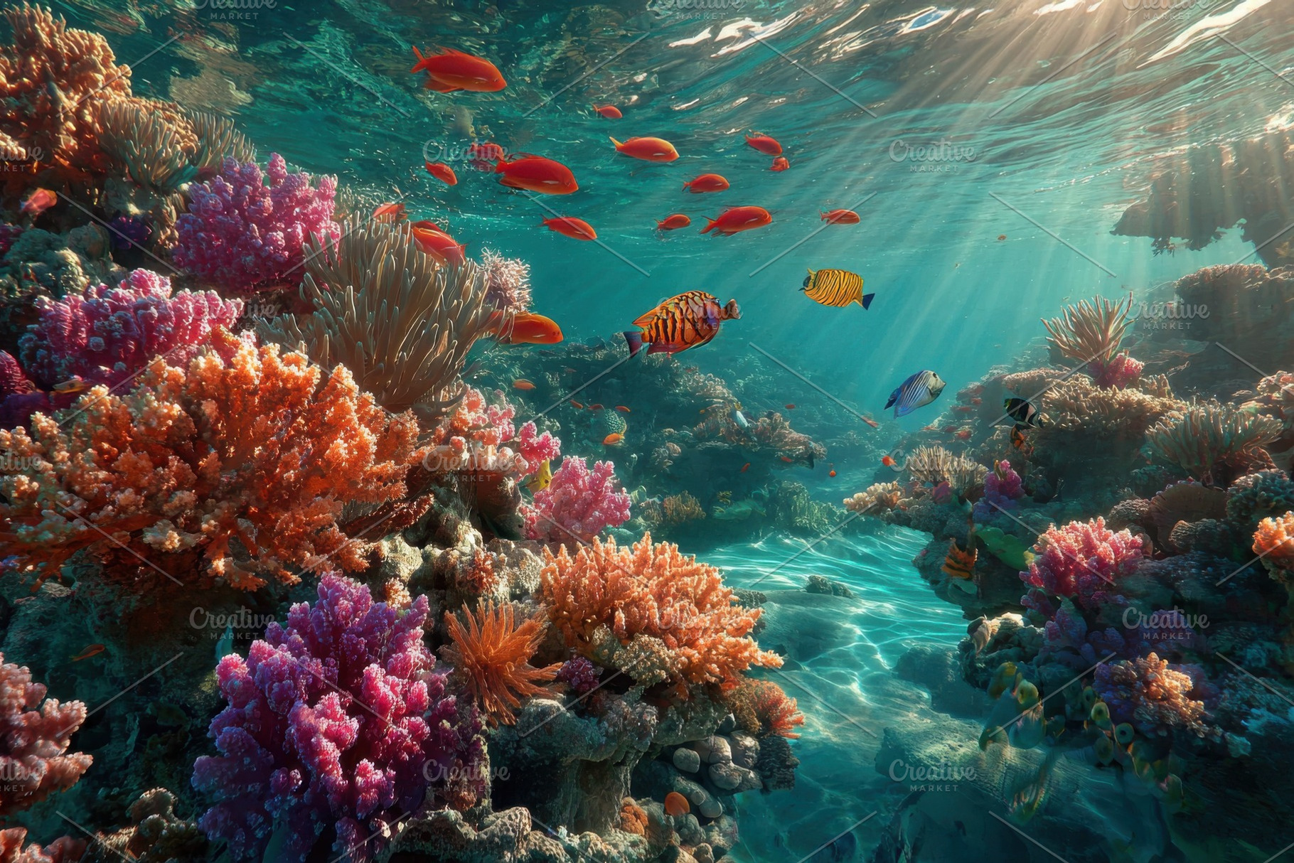 Vibrant coral reef teeming with colo, a Photo by Pixeness Studio