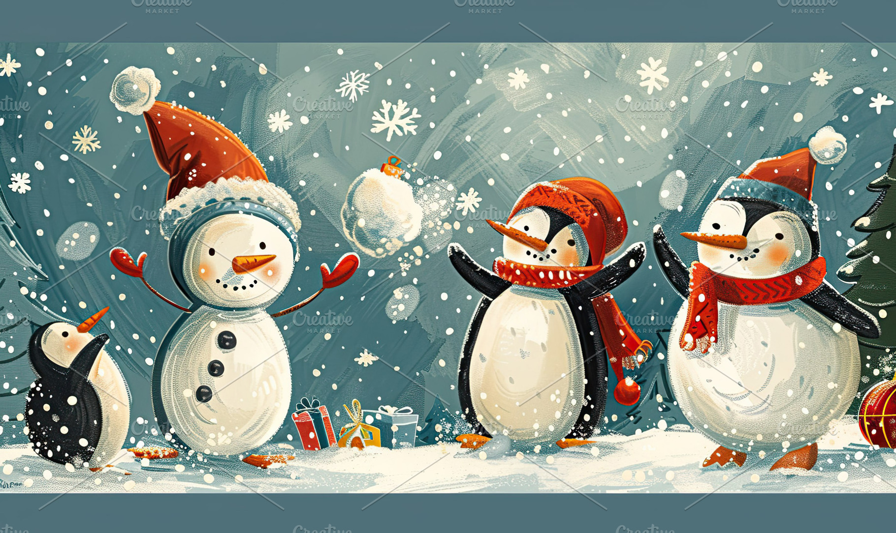 Christmas card with cartoonish snowm, a Photo by LOGOCREATIVE
