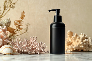 Black cosmetic pump bottle and coral, a Photo by Pavel_design