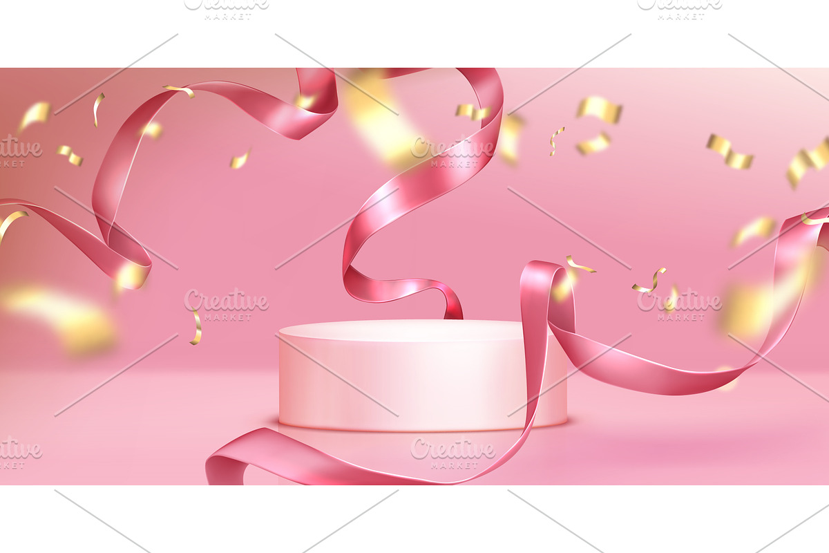 Pink podium stage with gold confetti, an Object Illustration by art PVP - market