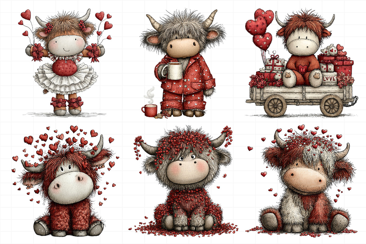 Whimsical Valentine-highland Cow Cli, an Illustration by Daily.Designs (Photo 4 of 8)