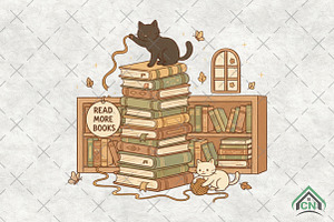 Whimsical Cat & Book Stack PNG, an Illustration by Craft Nest