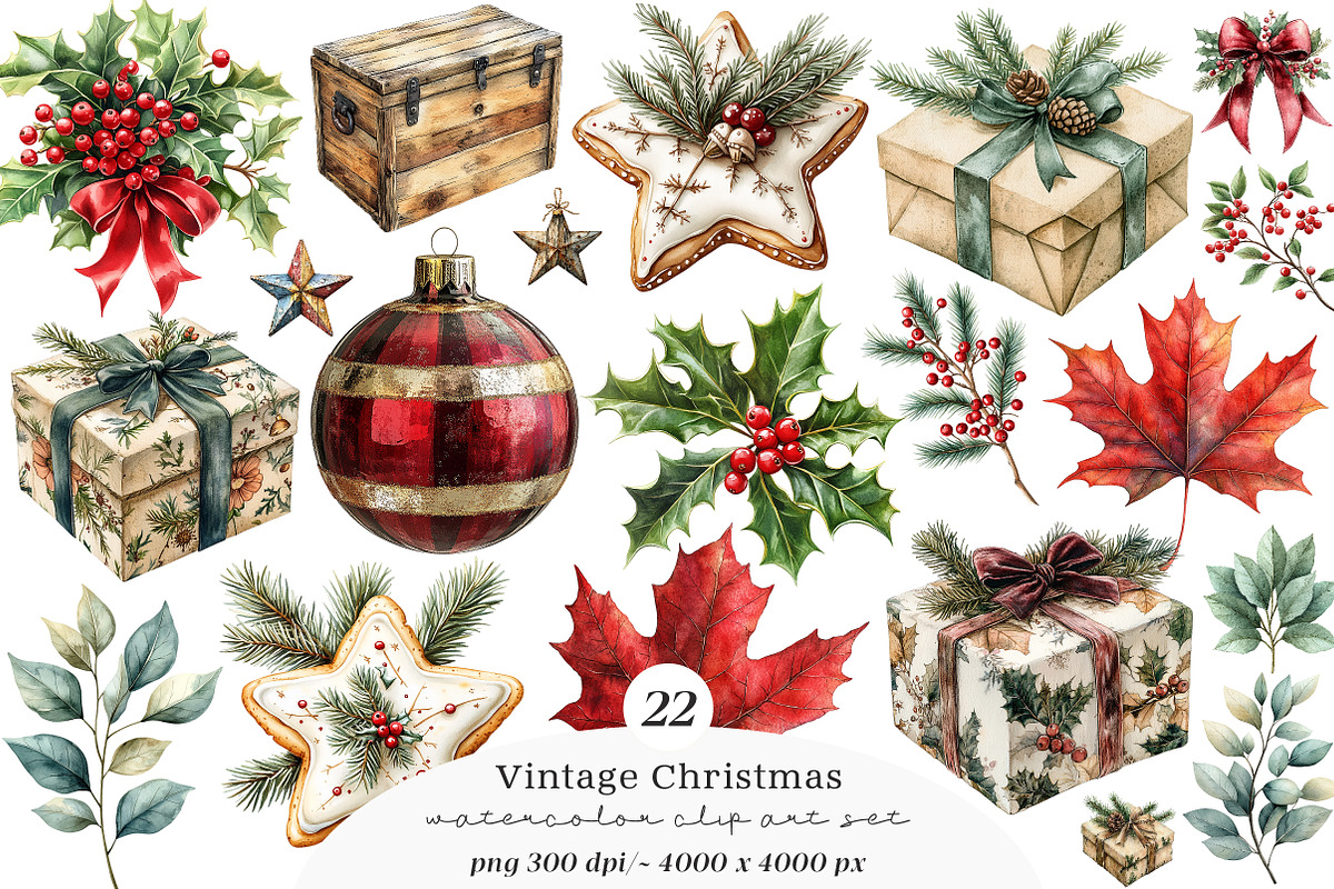 Watercolor Vintage Christmas Clipart, a Transportation Illustration by SinaCreation (Photo 1 of 9)