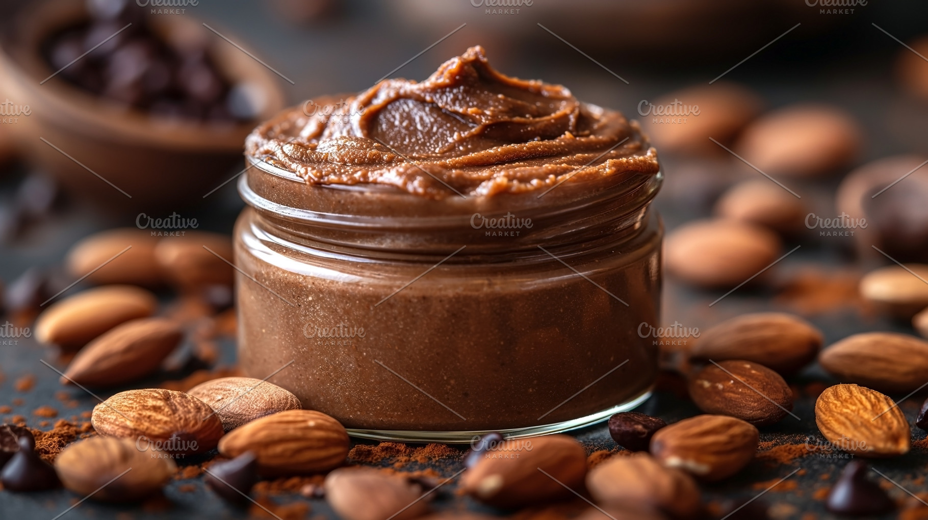 A creamy chocolate spread in a glass jar surrounded by coffee be, a Food & Drink Photo by ImageMir
