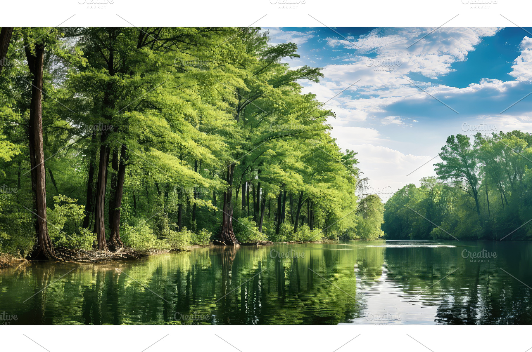 forest trees and lake ai generated, a Nature Photo by pikepicture