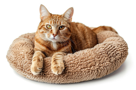 Cute ginger cat lying on soft dog bed on white background, an Animal Photo by AlyaAnd