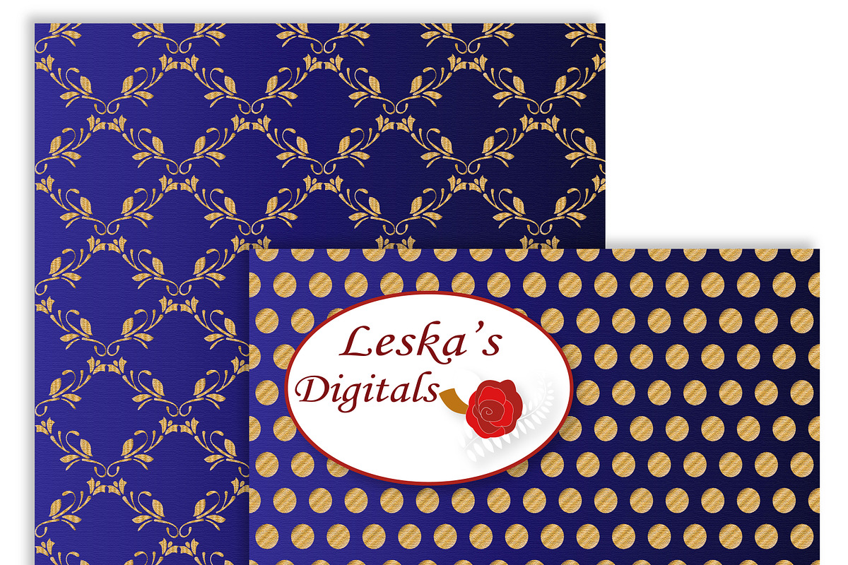 Royal Blue and Gold Digital Paper, a Pattern Graphic by Leska's Digitals